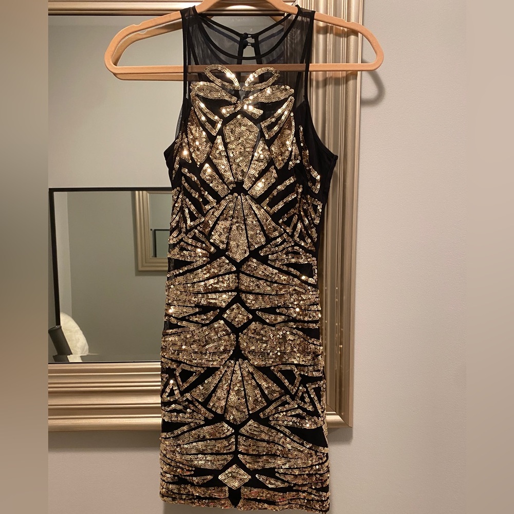 Bebe black and gold sequin fitted dress